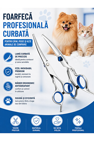 Fish & Paws Foarfeca profesionala curbata de tuns caini, pisici si alte anima...