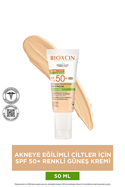 Bioxcin كريم الوقاية من الشمس SPF 50+ للبشرة المعرضة لحب الشباب، كريم واقي من الشمس ملون 50 مل - ملمس جاف، غير لامع، زيت شجرة الشاي