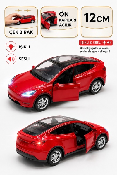 SCOWETTO Tesla Model Y Koleksiyonluk Metal Sesli Işıklı Diest Car Oyuncak mod...