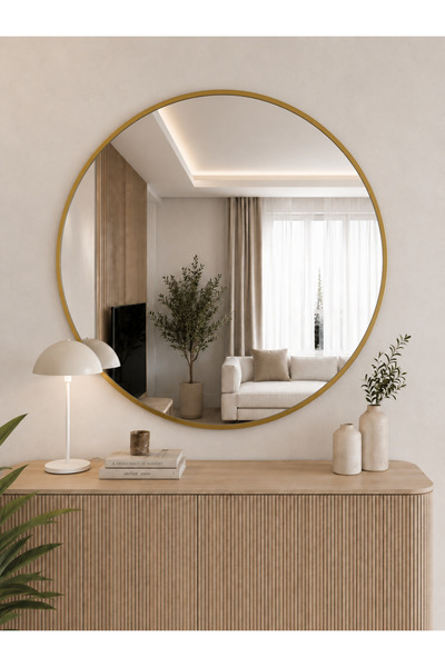 EFFE YAPI DEKOR Gold Metal Çerçeveli 90 Cm Yuvarlak Ayna