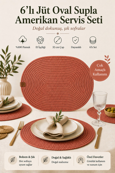 Fabrix Home 6-Piece Oval Jute Platter American Service Set Brick Color Bohemi...