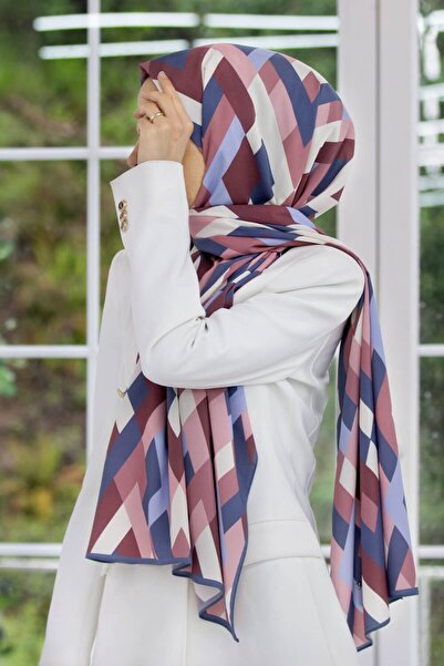 Vissona KREP GEOMETRİK DESENLİ PUDRA - İNDİGO RENKLİ 75X195 KIRIŞMAZ ŞAL
