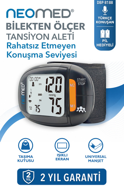 neomed DBP-8188 Rahatsız Etmeyen Konuşma Seviyesi Türkçe Konuşan Hafızalı İnce Tasarım Bilekten Dijital Tam Otomatik Tansiyon Aleti