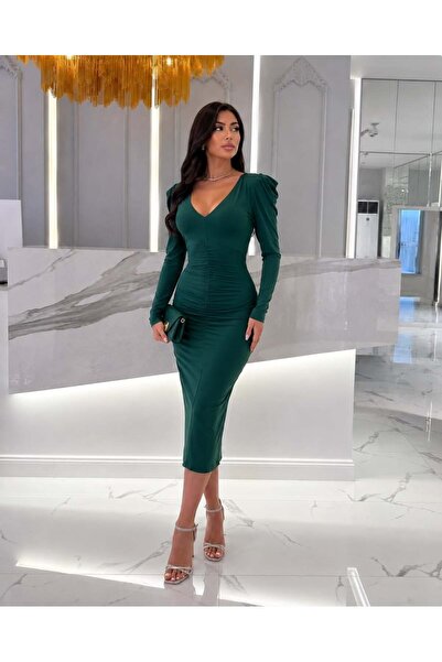 Modafeminen فستان سهرة من قماش ساندي سينيك بتفاصيل مطاطية على شكل حرف V 58279...