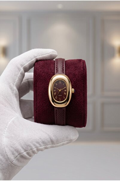 KLISHE Butik Classic Women's Watch Gold Color Oval Case Burgundy Dial & Burgu...