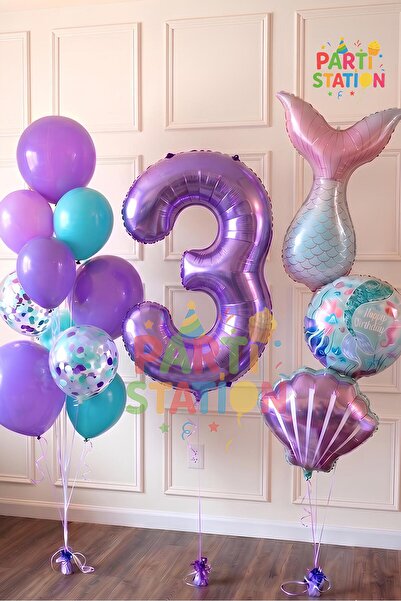 Parti Station Mor Rakam Balon 3 Yaş Deniz Kızı Temalı Doğum Günü Parti Kutlam...