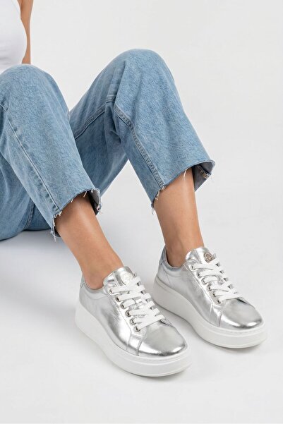 Paris Hakiki Deri Kadın Sneaker Comfort Yumuşak Günlük Spor Ayakkabı Gümüş