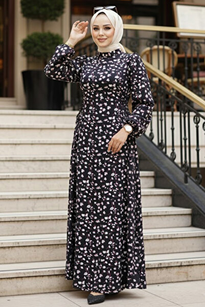 Neva Style Çiçek Desenli Siyah Tesettür Elbise 61071S