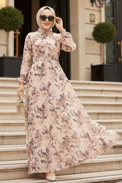 Neva Style Çiçek Desenli Bej Tesettür Elbise 27999BEJ