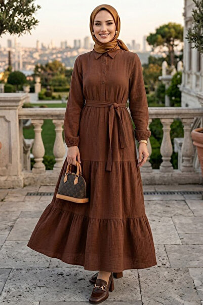 N.S NEVA STYLE Πλισέ Καφέ Φόρεμα Τεσεττούρ 27624KH