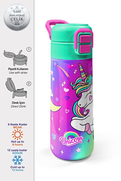Coral High Kids Lavanta Su Yeşili Unicorn Desenli Pipetli ve Direkt İçim Çeli...