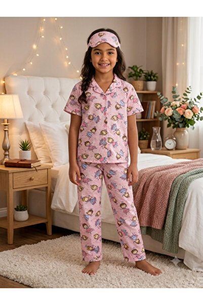ARB Kız Çocuk Prenses Desenli Göz Bantlı Pijama Takımı