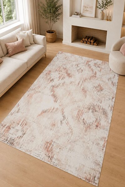 Serente Home Abstract Desenli Yıkanabilir Kaymaz Taban Krem Kiremit Şönil Ant...