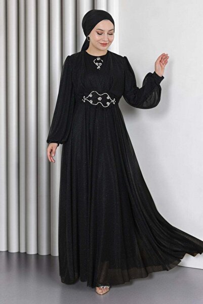 Missvalle Pearl Detailed Draped Glittery Evening Dress Black 19189