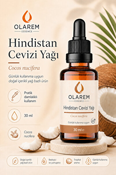 olarem essence Hindistan Cevizi Yağı (Cocos nucifera) Soğuk Sıkım Sabit Yağ 30 ml Damlalıklı...