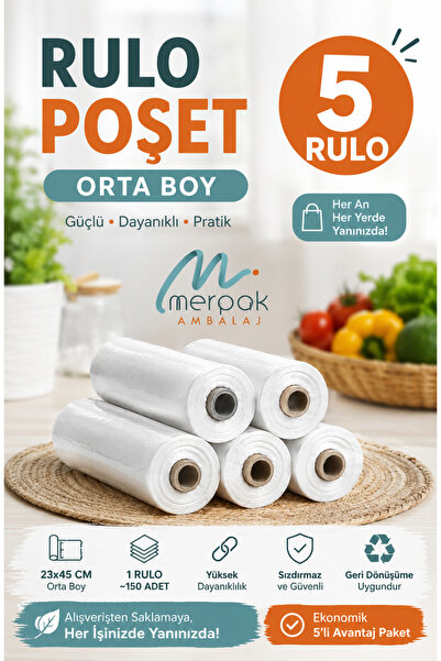 Merpak Ambalaj Rulo Atlet Poşet Orta Boy x5 Rulo 23x45 cm Market Manav Poşeti...