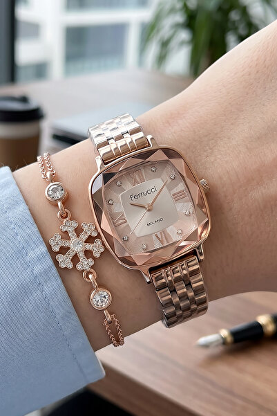 Ferrucci Bileklik Hediyeli Rose Kadın Kol Saati 27 mm Çelik Kordon Kesme Cam ...