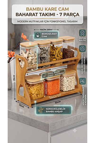 RİVO HOME DECOR Bamboo Square Glass Spice Set 7 Pieces with Bamboo Stand