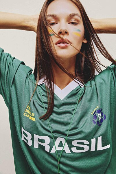 DeFacto Oversıze V Yaka Brasil Baskılı Kısa Kollu Yeşil Tişört I1987AX26HS