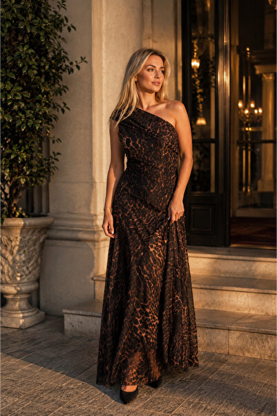 BeeYouStudio Leopard Patterned Tulle Fabric One Shoulder Evening Dress