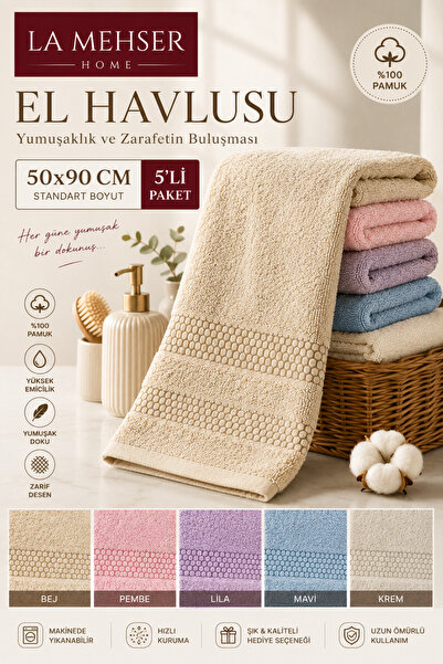 LA MEHSER Set of 5 100% Cotton Hand & Head Towels 50X90