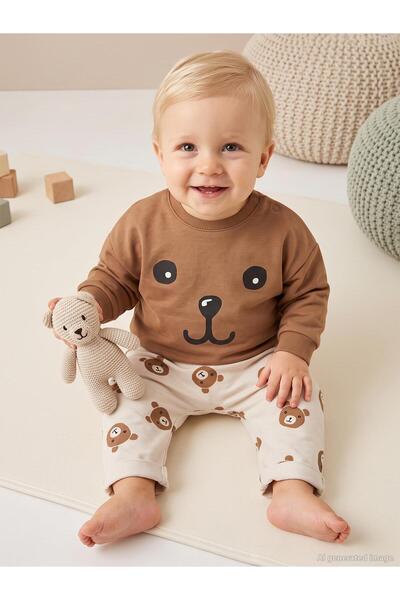 Civil Baby Ayıcık Empirme Baskılı 6-18 Ay Takım - Bej 9-12 Ay