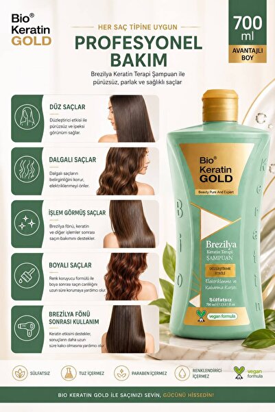 Bio Keratin Gold Brezilya & Keratin Terapi Düzleştirme Etkili Sülfatsız Şampuan 700 ml