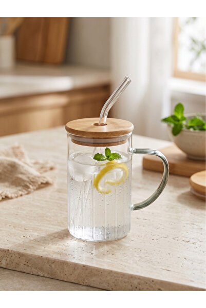 Tohana Bamboo Lid Glass Straw Cup 420 ml