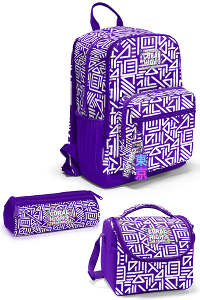 Coral High Purple White Geometric Patterned 3-Piece School Bag Set Set0123683