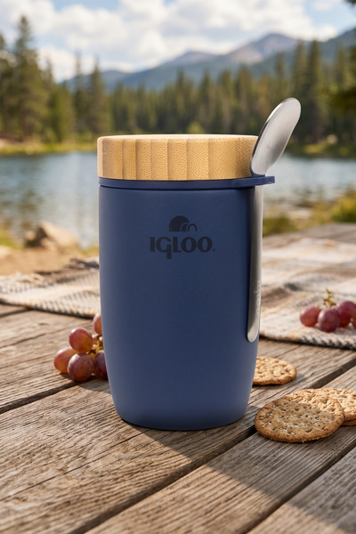 Begin Power Bamboo Lid Food Thermos 500ml Steel Thermos Navy Blue Keeps Warm ...