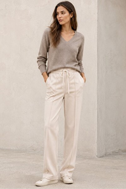 Madmext Beige Adjustable Waist Wide Leg Tracksuit Mg2215