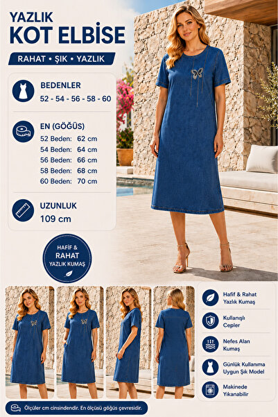 STYLENEST Büyük Beden Kadın Kot Elbise 52-60 Beden Yazlık Salaş Denim Elbise ...