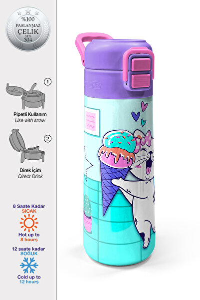 Coral High Kids Turquoise Pink Ice Cream Patterned Straw and Direct Drinking ...