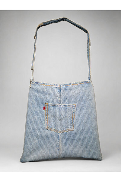 Levi's , Geanta din denim cu buzunar frontal, Albastru deschis, model stripes...