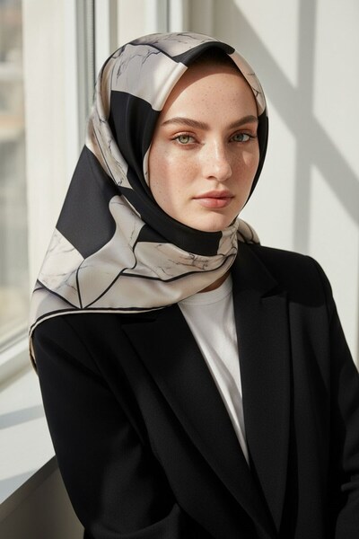 Vissona %100 Twill İpek Mermer Desenli Siyah - Krem Renkli 90x90 Eşarp Dikim ...