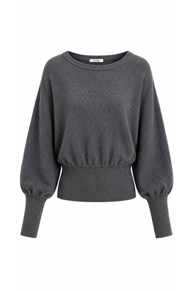 STF MODA Women's Popular Asymmetrical Boat Neck Knitwear Sweater Anthracite