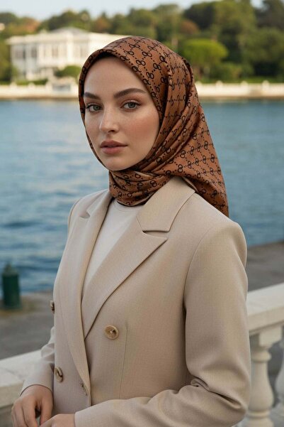 Vissona 100% حرير تويل بنمط هندسي بني - وشاح بلون أسمر 90x90 شكل الخياطة: خيا...