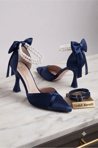 Famels Satin Navy Blue Heeled Shoes with White Pearls and Helmet-Like Detail,...