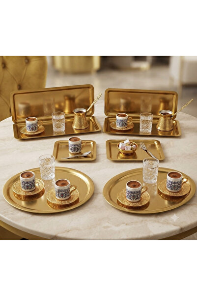 Elzemm store 3 Farklı Model 6 Lı Gold Sunum Tepsisi Kare Yuvarlak Ve Dikdörtg...