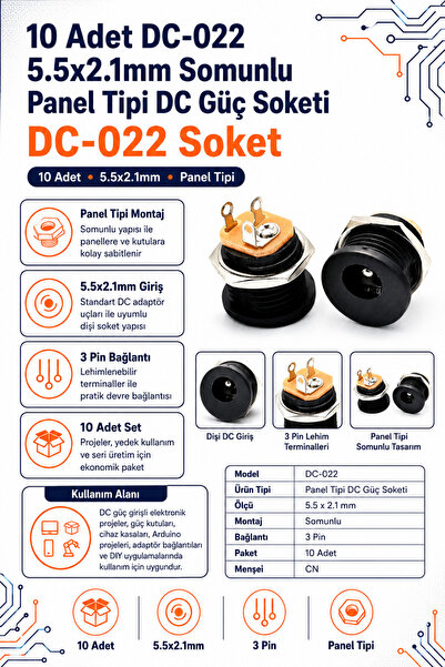 RobotikDepo 10 Adet DC-022 5.5x2.1mm Somunlu Panel Tipi DC Güç Soketi