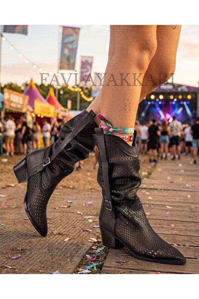 Favi Ayakkabı Black Leather Belt Detailed Perforated Summer Boots