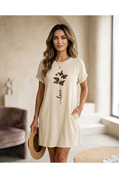 Valeria Butik Kadın Love Baskılı Kelebek Detaylı Kısa Kollu Salaş Tunik Elbise