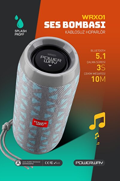 POWERWAY WRX01 90 dB SD Kart Aux Usb Girişli Gümüş Kablosuz Bluetooth Speaker...