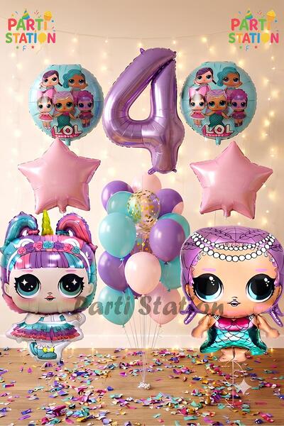 Parti Station LOL Konsept 4 Yaş Balon Set Unicorn LOL Mor Rakam Balon Parti D...