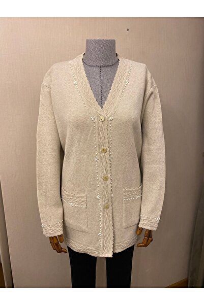 TEK Beaded Knitwear Stylish Patterned Mother's Cardigan with Pearl Detail / C...