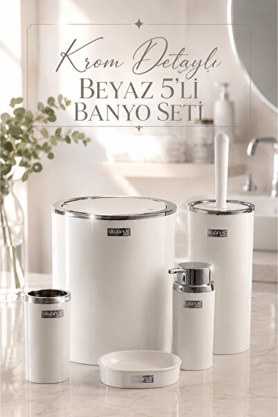 Okyanus Home Beyaz Yuvarlak Krom 5'li Banyo Seti