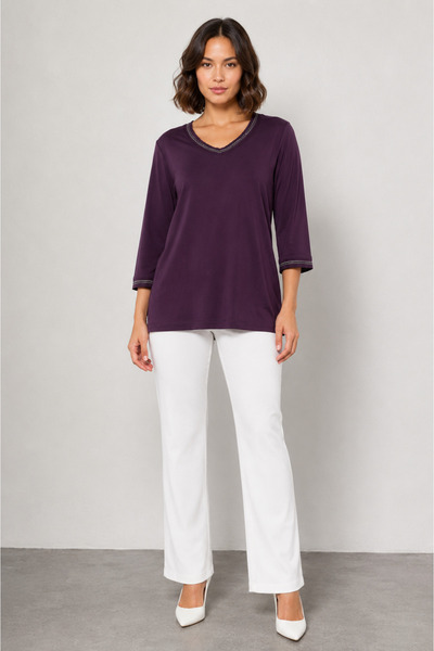 bihan store Women's V-Neck Lace Embroidered Long Sleeve Blouse Y26-2135 - Purple
