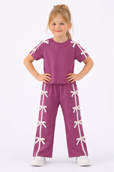 İray Girl's Bow Detail Set |   Trendy Casual Stylish Top and Bottom Combinati...