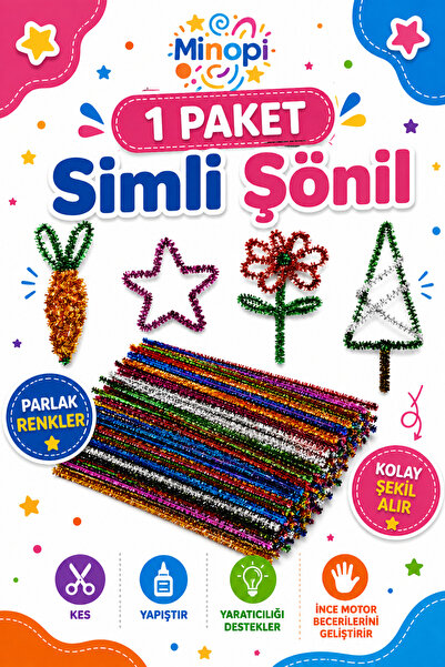 Minopi 1 Paket Simli Şönil Renkli Paketi 25'li Renkli Tüylü Tel