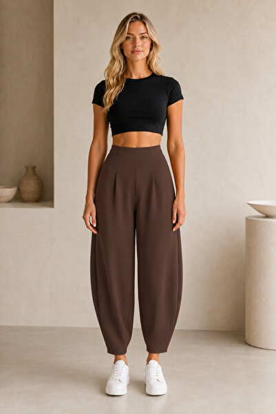 MORE MOSS Pantaloni Harem cu talie elastică, maro